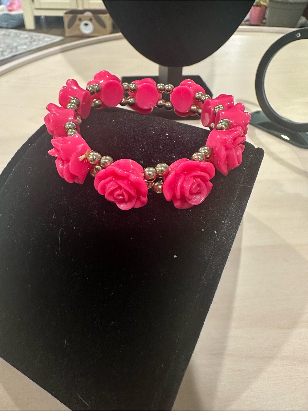 Hot Pink Roses with Gold-Tone Beads Stretch Bracelet